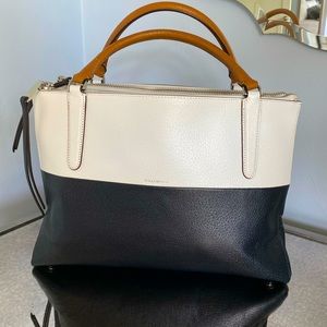 Coach Borough leather bag in black & white with brown leather handles & strap